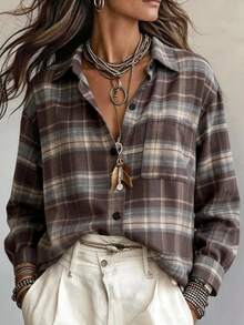 SHEIN Minimalist Casual Vintage Plaid Collar Pocket Loose Long Sleeve Shirt For Women - Multicolor - View 2