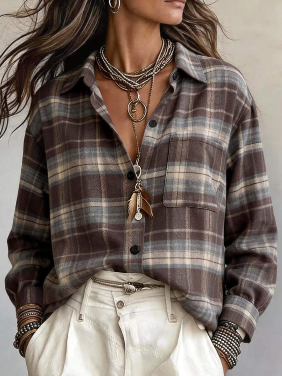 SHEIN Minimalist Casual Vintage Plaid Collar Pocket Loose Long Sleeve Shirt For Women