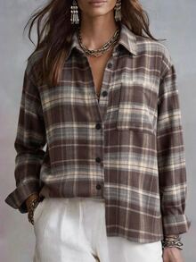 SHEIN Minimalist Casual Vintage Plaid Collar Pocket Loose Long Sleeve Shirt For Women - Multicolor - View 6