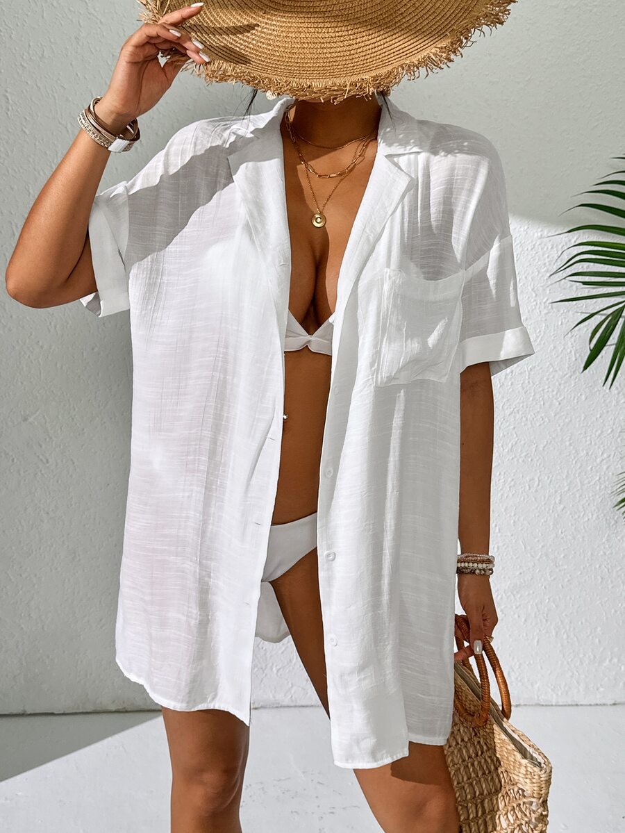 SHEIN Swim 女士简约纯色短袖和服式罩衫,夏季沙滩女式长款沙滩罩衫 - 白色 - 查看 1