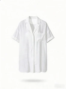 SHEIN Swim 女士简约纯色短袖和服式罩衫，夏季沙滩女式长款沙滩罩衫 - 白色 - 查看 6