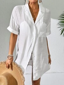 SHEIN Swim 女士简约纯色短袖和服式罩衫，夏季沙滩女式长款沙滩罩衫 - 白色 - 查看 4