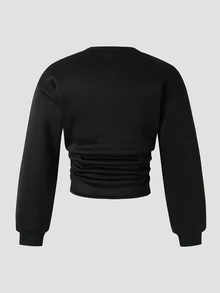 SHEIN 青少年女孩灰色套頭運動衫，腰部抓皺寬鬆休閒款 - 黑色 - 查看 3