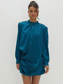 MUSEYN Teal Blue Satin Shoulder Pad Balloon Sleeve Backless Mini Dress Versatile Evening Date Night Chic New Season Fall - Dark Green - View 1