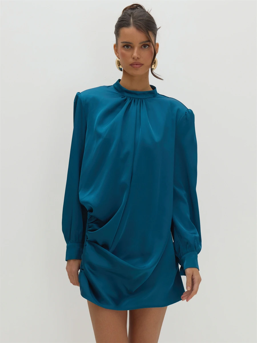 MUSEYN Teal Blue Satin Shoulder Pad Balloon Sleeve Backless Mini Dress Versatile Evening Date Night Chic New Season Fall - Dark Green - View 1