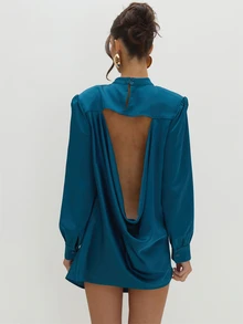 MUSEYN Teal Blue Satin Shoulder Pad Balloon Sleeve Backless Mini Dress Versatile Evening Date Night Chic New Season Fall - Dark Green - View 5