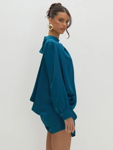 MUSEYN Teal Blue Satin Shoulder Pad Balloon Sleeve Backless Mini Dress Versatile Evening Date Night Chic New Season Fall - Dark Green - View 4