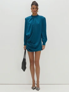 MUSEYN Teal Blue Satin Shoulder Pad Balloon Sleeve Backless Mini Dress Versatile Evening Date Night Chic New Season Fall - Dark Green - View 3