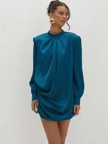 MUSEYN Teal Blue Satin Shoulder Pad Balloon Sleeve Backless Mini Dress Versatile Evening Date Night Chic New Season Fall - Dark Green - View 2