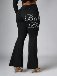 BABYPHAT Script Logo Flare Pants With Rhinestone Waistband Silver Bum Print Full Length Stretch Knit - Black - View 2