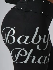 BABYPHAT Script Logo Flare Pants With Rhinestone Waistband Silver Bum Print Full Length Stretch Knit - Black - View 5