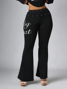 BABYPHAT Script Logo Flare Pants With Rhinestone Waistband Silver Bum Print Full Length Stretch Knit - Black - View 1