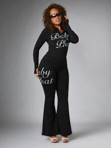 BABYPHAT Script Logo Flare Pants With Rhinestone Waistband Silver Bum Print Full Length Stretch Knit - Black - View 3