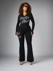 BABYPHAT Script Logo Flare Pants With Rhinestone Waistband Silver Bum Print Full Length Stretch Knit - Black - View 6