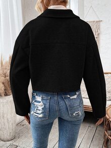 Pariaura Chaqueta Corta De Lana Negra De Mangas Largas Y Hombros Caídos Para Mujer En Otoño/invierno - Negro - Ver 2