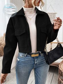 Pariaura Chaqueta Corta De Lana Negra De Mangas Largas Y Hombros Caídos Para Mujer En Otoño/invierno - Negro - Ver 7