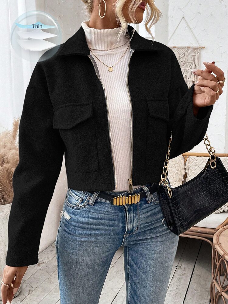 Pariaura Women's Black Drop Shoulder Long Sleeve Short Woolen Jacket For Autumn/Winter Fall Cloth For Women - Black - View 7
