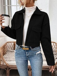 Pariaura Chaqueta Corta De Lana Negra De Mangas Largas Y Hombros Caídos Para Mujer En Otoño/invierno - Negro - Ver 3