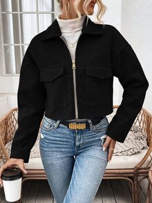 Pariaura Chaqueta Corta De Lana Negra De Mangas Largas Y Hombros Caídos Para Mujer En Otoño/invierno - Negro - Ver 5