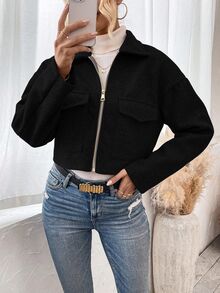 Pariaura Chaqueta Corta De Lana Negra De Mangas Largas Y Hombros Caídos Para Mujer En Otoño/invierno - Negro - Ver 4