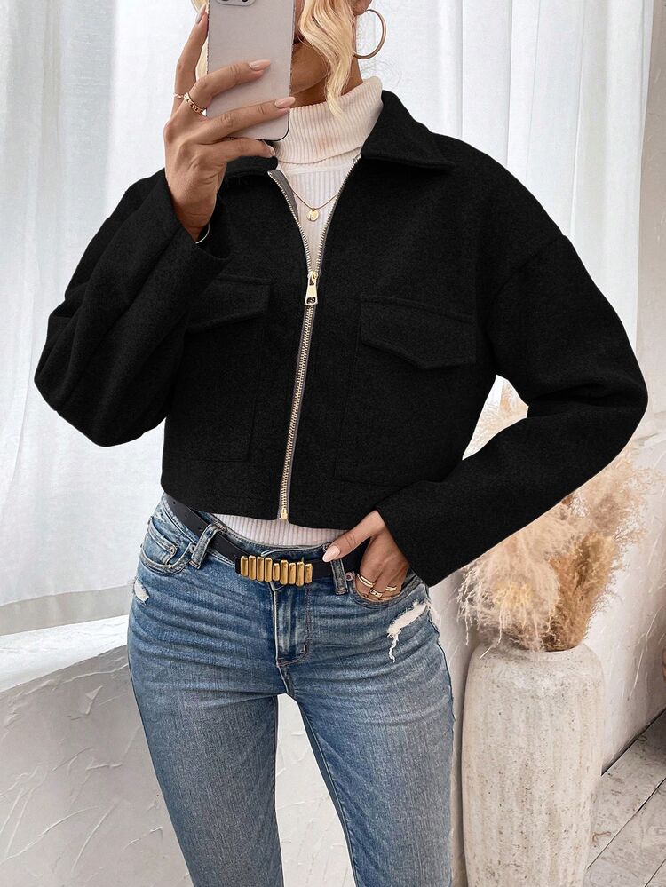 Pariaura Women's Black Drop Shoulder Long Sleeve Short Woolen Jacket For Autumn/Winter Fall Cloth For Women - Black - View 4
