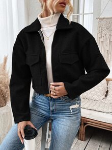 Pariaura Chaqueta Corta De Lana Negra De Mangas Largas Y Hombros Caídos Para Mujer En Otoño/invierno - Negro - Ver 6