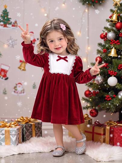 SHEIN Infant Toddler Vintage Velvet Santa Style Dress Baby Holiday Party Outfit Christmas Autumn Winter Dress
