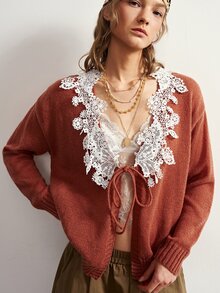 Bohemela Women's Lace Patchwork Casual Elegant Romantic Vintage Versatile Long Sleeve Sweater Thanksgiving Brunch Tea Party Rust Brown Fall - Khaki - View 5