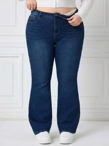 SHEIN CURVE+ Women's Plus Size Thermal Lined Flare Leg Jeans, Autumn/Winter - Blue - View 3