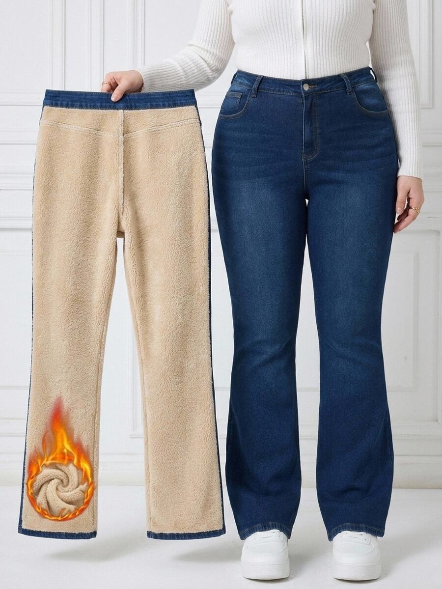 SHEIN CURVE+ Women's Plus Size Thermal Lined Flare Leg Jeans, Autumn/Winter - Blue - View 1