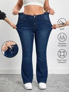 SHEIN CURVE+ Women's Plus Size Thermal Lined Flare Leg Jeans, Autumn/Winter - Blue - View 4