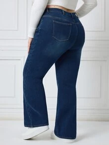 SHEIN CURVE+ Women's Plus Size Thermal Lined Flare Leg Jeans, Autumn/Winter - Blue - View 6