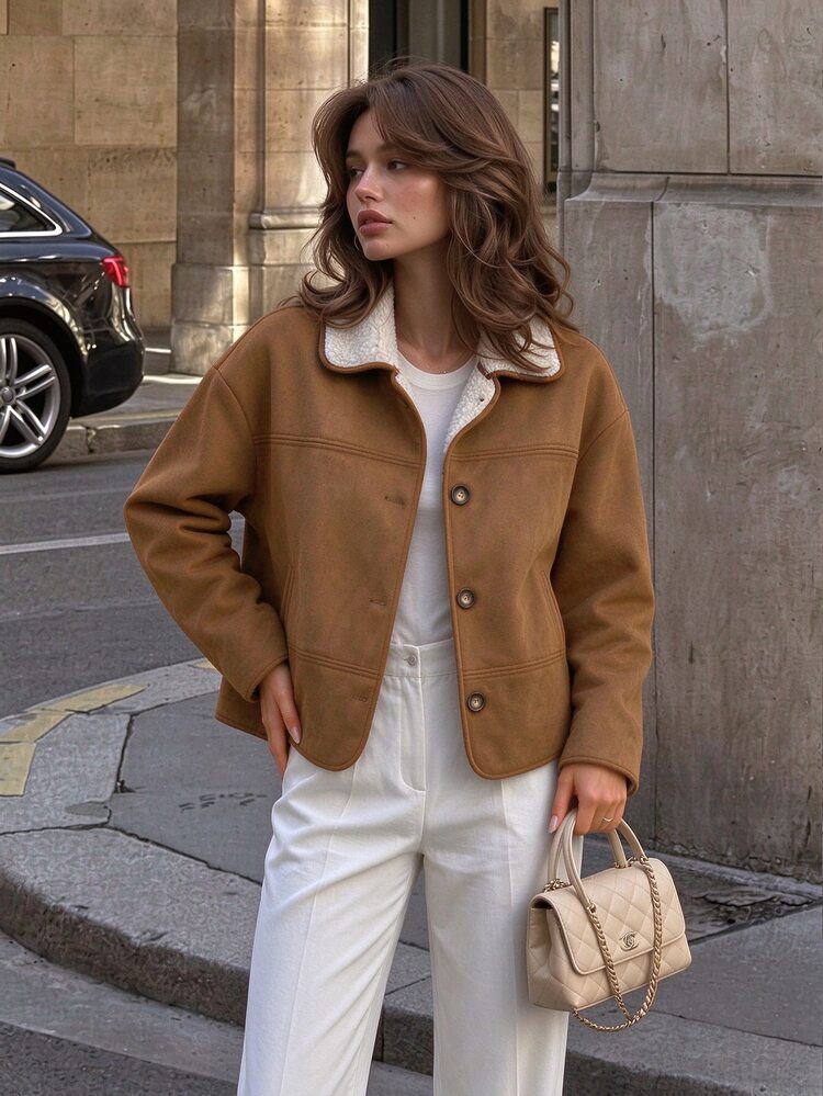 Pariaura Women's Fall Winter Brown Lapel Suede Fleece Panel Single-Breasted Jacket,Loose Long-Sleeve Top,Chic Occasion Wear For Daily Outing Commute Coat - Brown - View 3