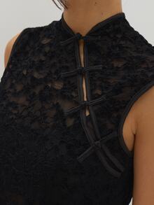 MUSEYN Black Sheer Lace Devore Knot Detail Fitted Top Versatile Evening Date Night Chic New Season Fall Party Elagant Halloween - Black - View 6