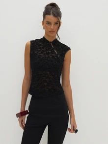 MUSEYN Black Sheer Lace Devore Knot Detail Fitted Top Versatile Evening Date Night Chic New Season Fall Party Elagant Halloween - Black - View 2
