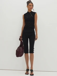 MUSEYN Black Sheer Lace Devore Knot Detail Fitted Top Versatile Evening Date Night Chic New Season Fall Party Elagant Halloween - Black - View 3