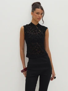 MUSEYN Black Sheer Lace Devore Knot Detail Fitted Top Versatile Evening Date Night Chic New Season Fall Party Elagant Halloween - Black - View 1