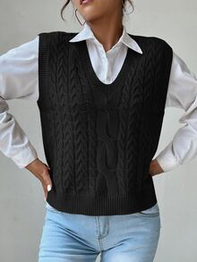 SHEIN PariChic V Neck Cable Knit Sweater Vest - Black - View 4