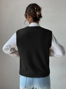 SHEIN PariChic V Neck Cable Knit Sweater Vest - Black - View 2
