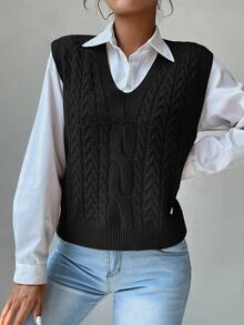 SHEIN PariChic V Neck Cable Knit Sweater Vest - Black - View 3