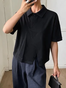 DAZY 夏季襯衫風 Polo 黑配色不對稱斜襟休閒街頭通勤短袖 T-shirt - 黑色 - 查看 4