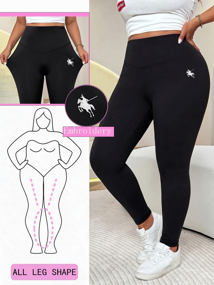 SHEIN EZwear Legging Ukuran Besar Bordir Pas Badan Minimalis Serbaguna - Hitam - View 1