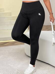 SHEIN EZwear 大尺碼刺繡修身簡約百搭內搭褲 - 黑色 - 查看 1
