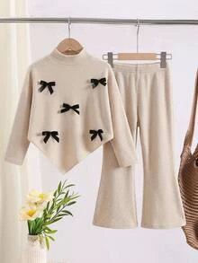 SHEIN Tween Girls T-Shirt - Kids Autumn/Winter Hem Bow Decor Long Sleeve Top & Slim Fit Flare Pants 2 Pieces Set, Suitable For Daily Wear And Back To School - Khaki - View 1