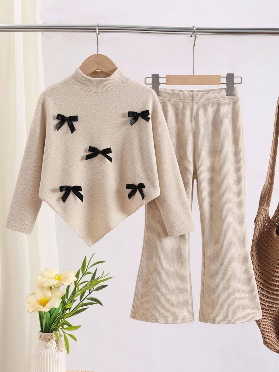 SHEIN Tween Girls T-Shirt - Kids Autumn/Winter Hem Bow Decor Long Sleeve Top & Slim Fit Flare Pants 2 Pieces Set, Suitable For Daily Wear And Back To School - Khaki - View 1