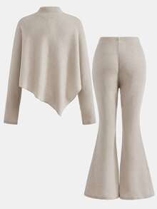 SHEIN Tween Girls T-Shirt - Kids Autumn/Winter Hem Bow Decor Long Sleeve Top & Slim Fit Flare Pants 2 Pieces Set, Suitable For Daily Wear And Back To School - Khaki - View 2