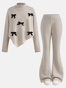 SHEIN Tween Girls T-Shirt - Kids Autumn/Winter Hem Bow Decor Long Sleeve Top & Slim Fit Flare Pants 2 Pieces Set, Suitable For Daily Wear And Back To School - Khaki - View 3