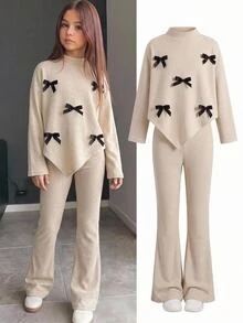 SHEIN Tween Girls T-Shirt - Kids Autumn/Winter Hem Bow Decor Long Sleeve Top & Slim Fit Flare Pants 2 Pieces Set, Suitable For Daily Wear And Back To School - Khaki - View 4