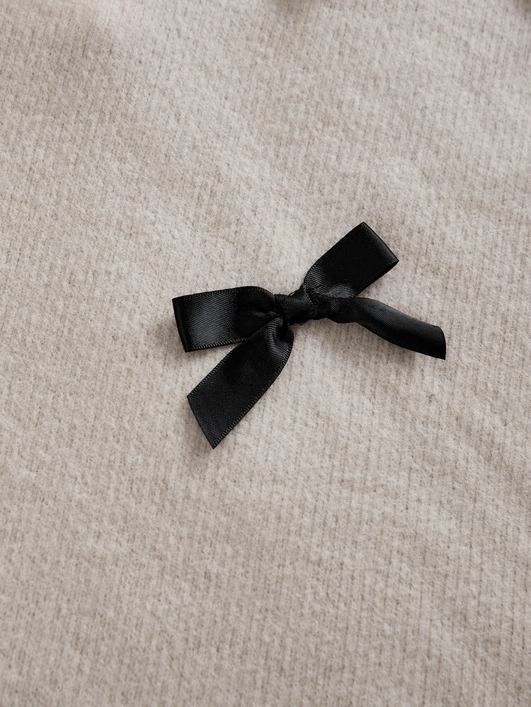 SHEIN Tween女孩2件套休閒服裝：秋冬款長袖上衣（下擺蝴蝶結裝飾）搭配修身喇叭褲，適合日常穿著與開學返校 - 卡其色 - 查看 5