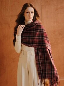 Opalesca Women's Plaid Knit Long Red Scarf Shawl, Popular Thick Warm Shawl, Non-Elastic Decorative Plaid, Suitable For University Campus - Red Wine Black Currant - View 11